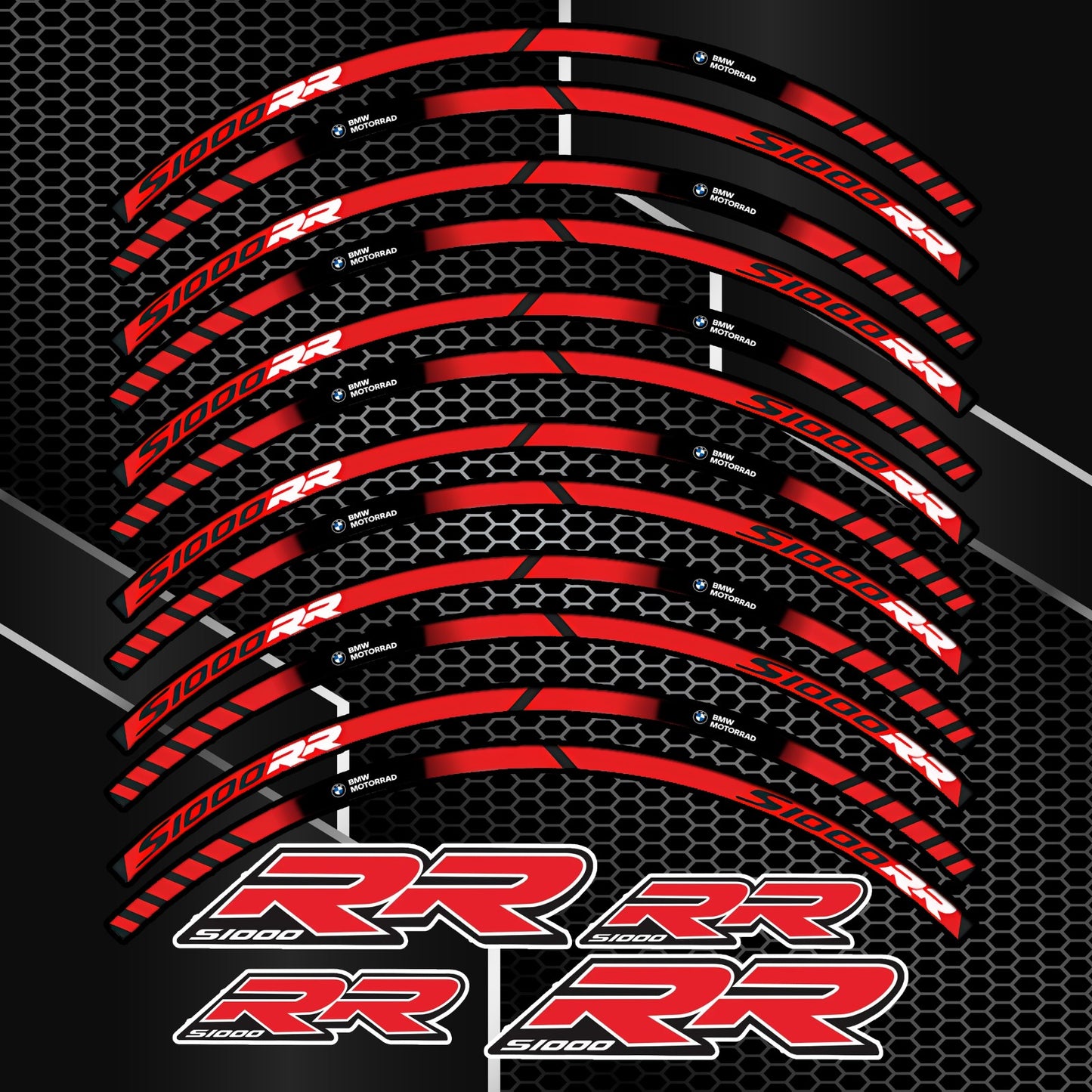 BMW S1000RR Wheel Decals – 16pcs Rim Stickers Kit Red Stripes