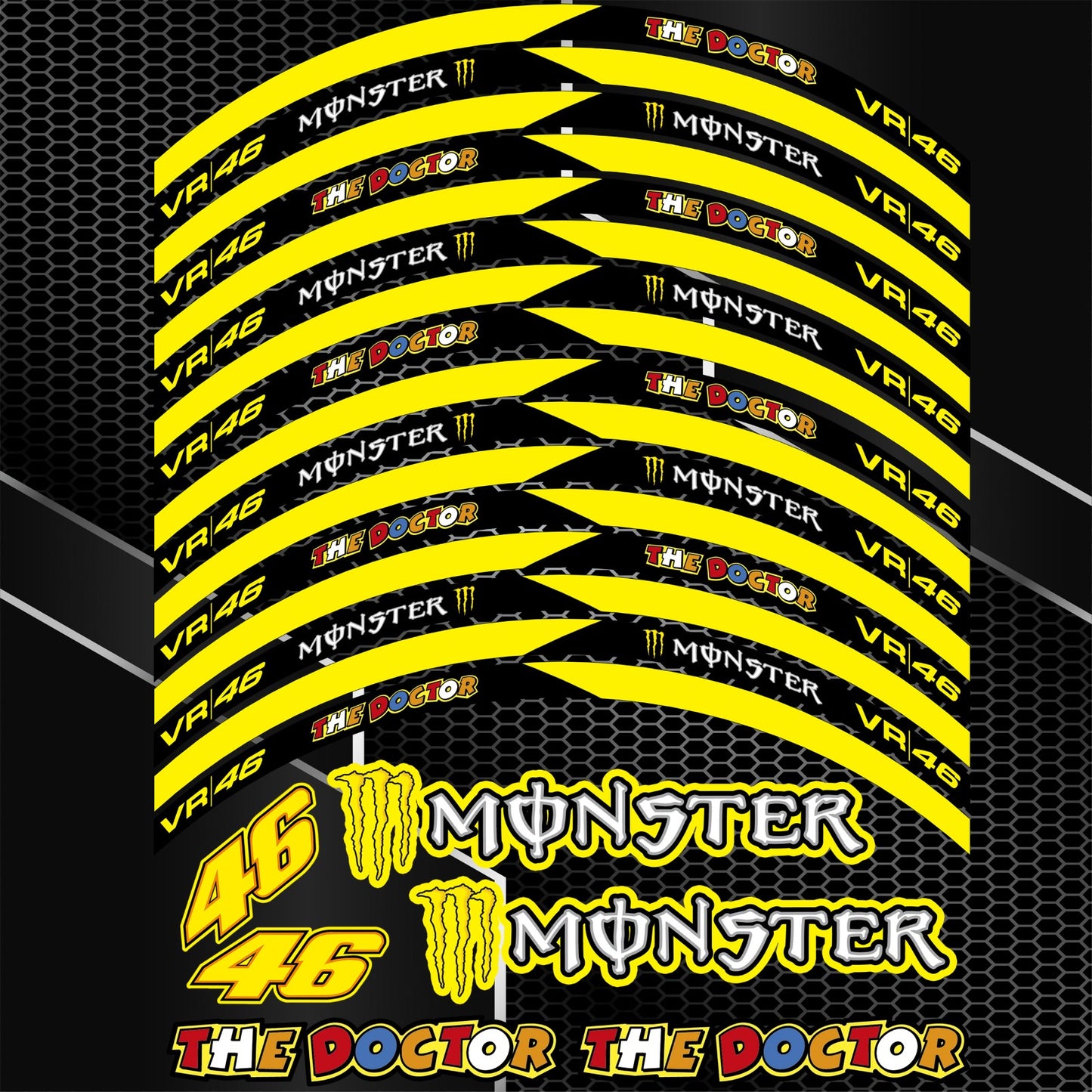 VR46 Monster Energy Style Rim Stickers – Wheel Decals Stripes for Honda, Kawasaki, Yamaha, BMW
