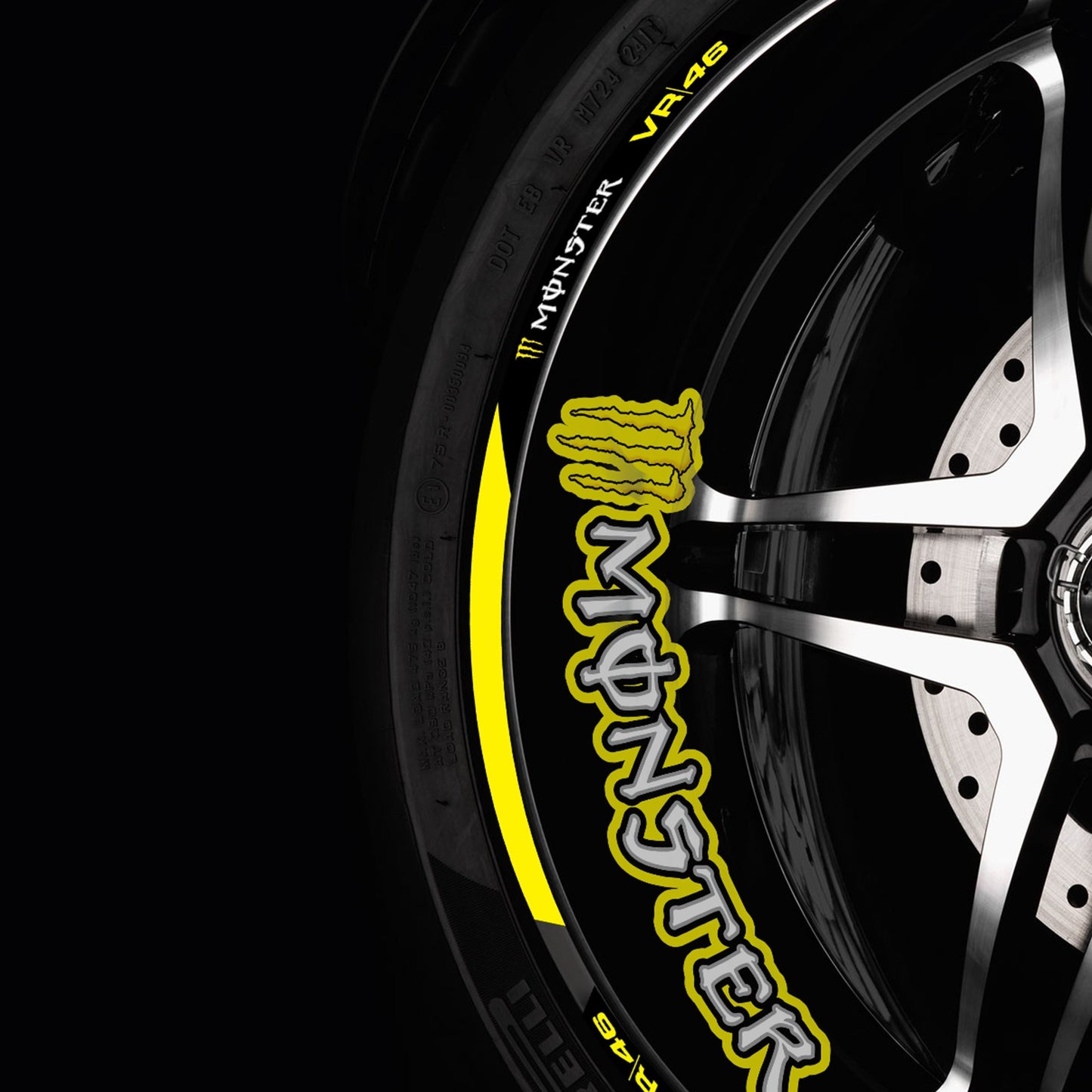 VR46 Monster Energy Style Rim Stickers – Wheel Decals Stripes for Honda, Kawasaki, Yamaha, BMW