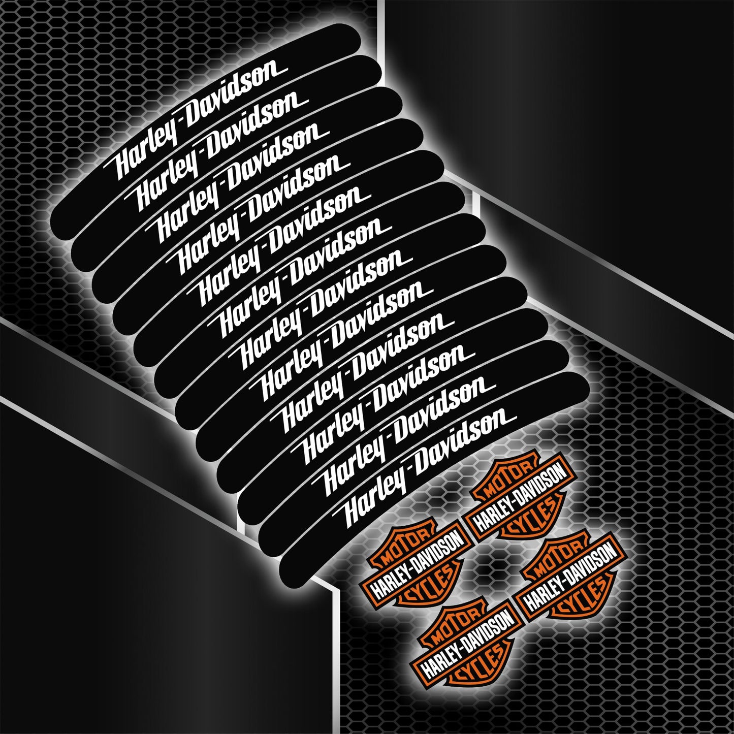 Harley-Davidson Black Rim Stripe wheel decal kit – 16 stickers for 2 wheels, 10mm thickness, 120mm length, glossy finish, mirrored graphics
