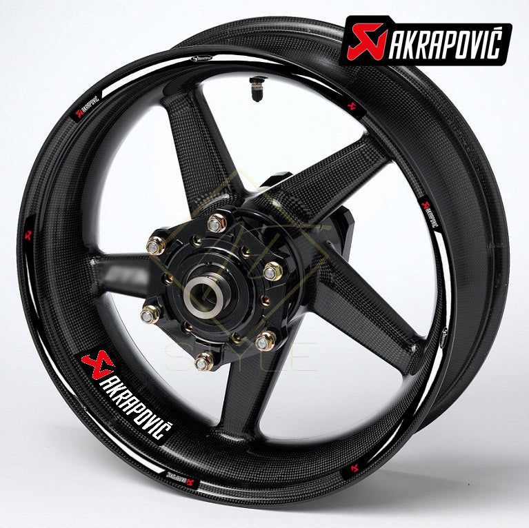 Akrapovič Universal R17 wheel decal kit – 16 stickers for 2 wheels, 10mm thick, glossy finish, mirrored graphics, fits BMW, Yamaha, Kawasaki 17" black wheels