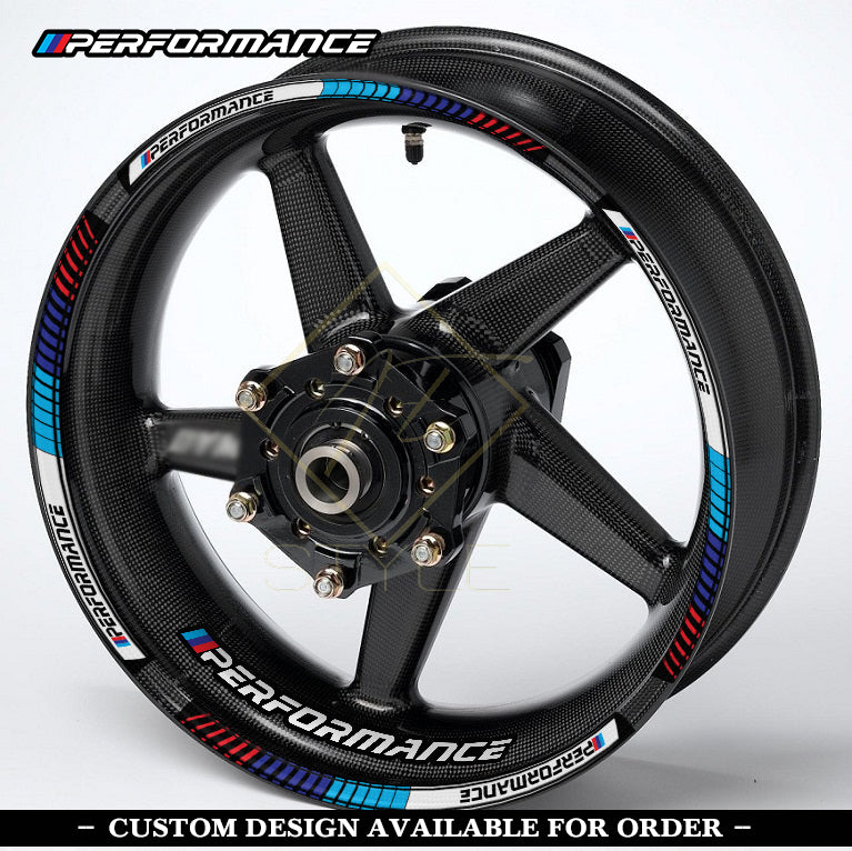 BMW motorcycle wheel decal kit – 20 stickers for 2 wheels, 10mm stripe thickness, glossy finish, mirrored graphics, universal fit, M Sport & Performance colors