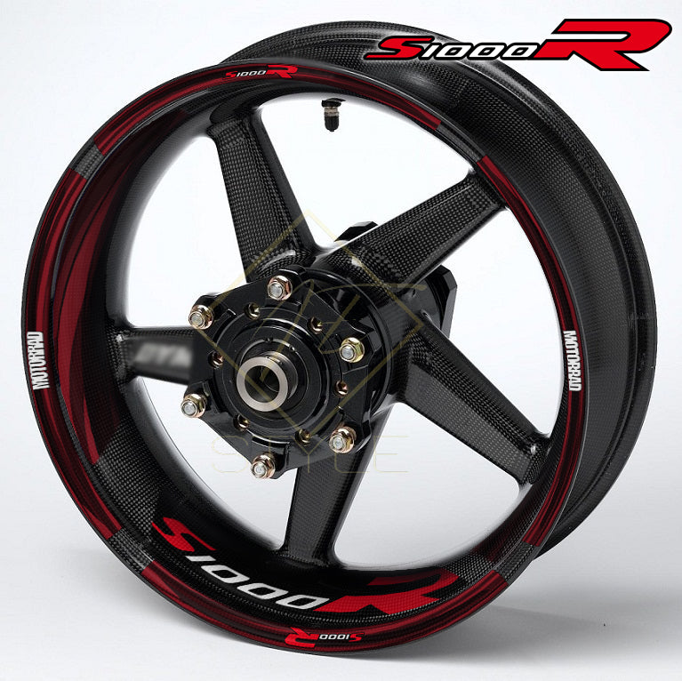BMW S1000R motorcycle wheel decal kit – 36 stickers for 2 wheels, edge stripes 10mm, inner 50mm/30mm, glossy finish, mirrored graphics, Black & Red