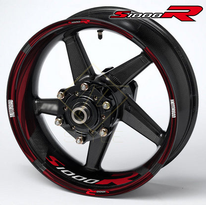 BMW S1000R motorcycle wheel decal kit – 36 stickers for 2 wheels, edge stripes 10mm, inner 50mm/30mm, glossy finish, mirrored graphics, Black & Red