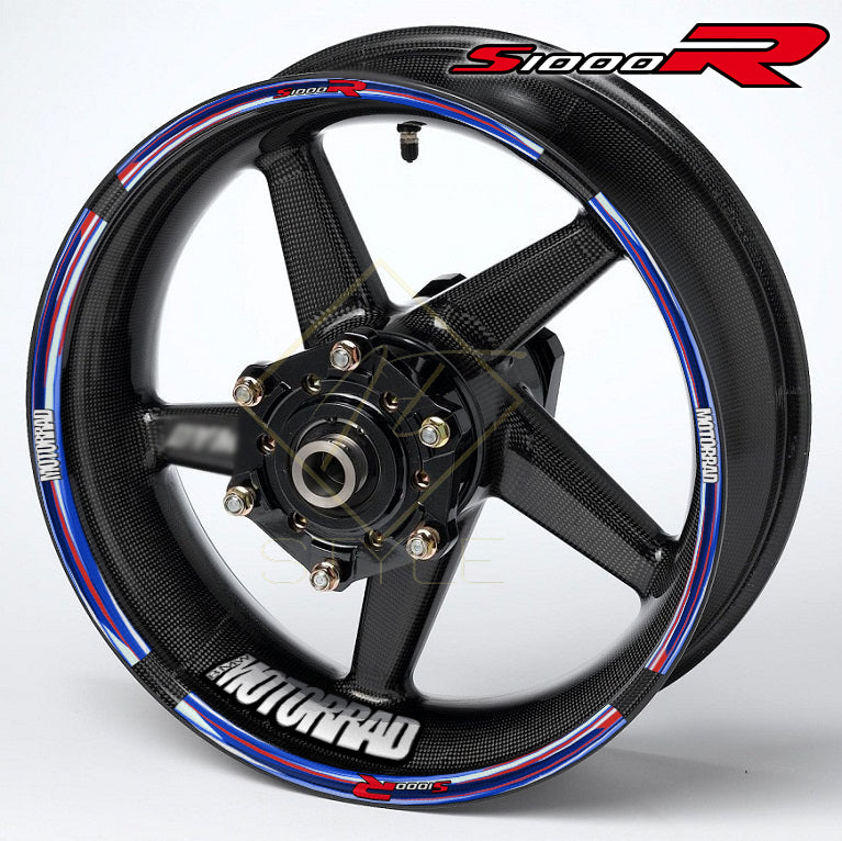 BMW S1000R wheel decal kit – 20 stickers for 2 wheels, 10mm stripe thickness, glossy finish, mirrored graphics, M Sport performance edition