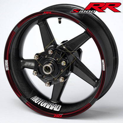 BMW S1000RR Black Red wheel decal kit – 20 stickers for 2 wheels, 10mm stripe thickness, glossy finish, mirrored graphics, M Sport-inspired style
