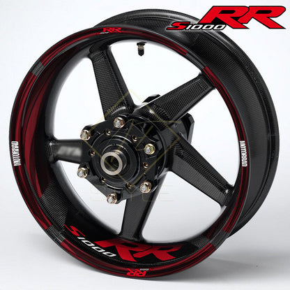 BMW S1000RR Black Red wheel decal kit – 36 stickers, 10mm edge stripes, inner 50mm/30mm decals, glossy finish, mirrored graphics, performance styling