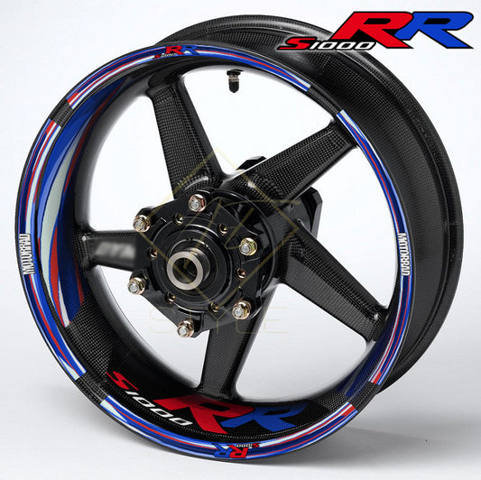BMW S1000RR M Sport wheel decal kit – 36 stickers for 2 wheels, 10mm edge stripes, inner 50mm/30mm decals, glossy finish, mirrored graphics, performance styling