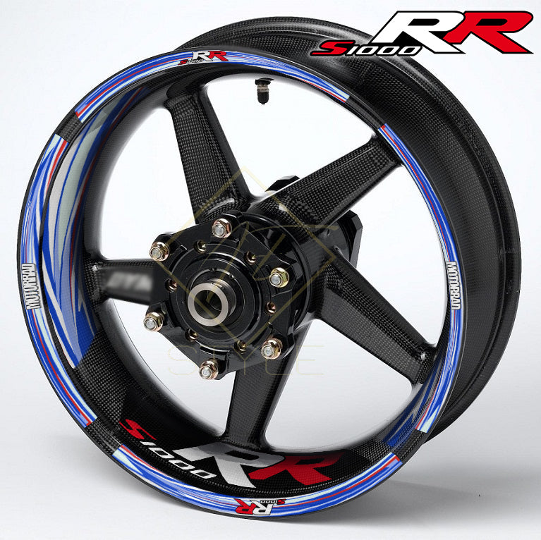 BMW S1000RR M Sport Performance wheel decal kit – 36 stickers, 10mm edge stripes, inner 50mm/30mm decals, glossy finish, mirrored graphics, performance styling