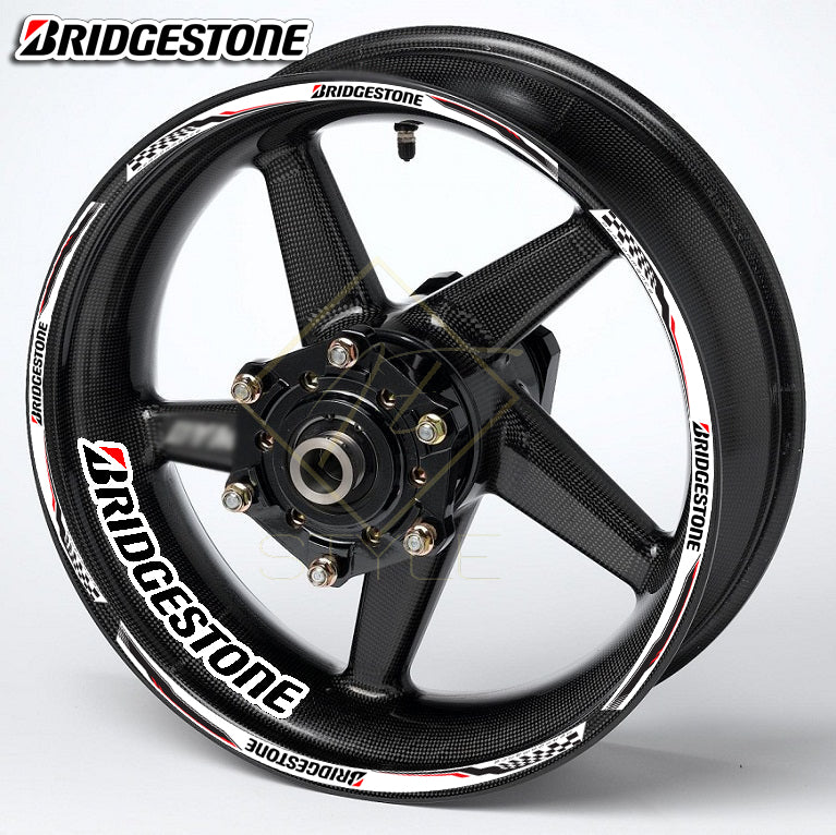 BRIDGESTONE Universal motorcycle wheel decal kit – 20 stickers for 2 wheels, 10mm thick, glossy finish, mirrored graphics, fits Honda, BMW, Yamaha, Kawasaki