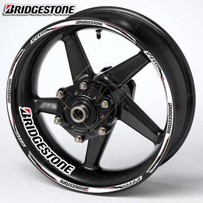 BRIDGESTONE Universal motorcycle wheel decal kit – 20 stickers for 2 wheels, 10mm thick, glossy finish, mirrored graphics, fits Honda, BMW, Yamaha, Kawasaki