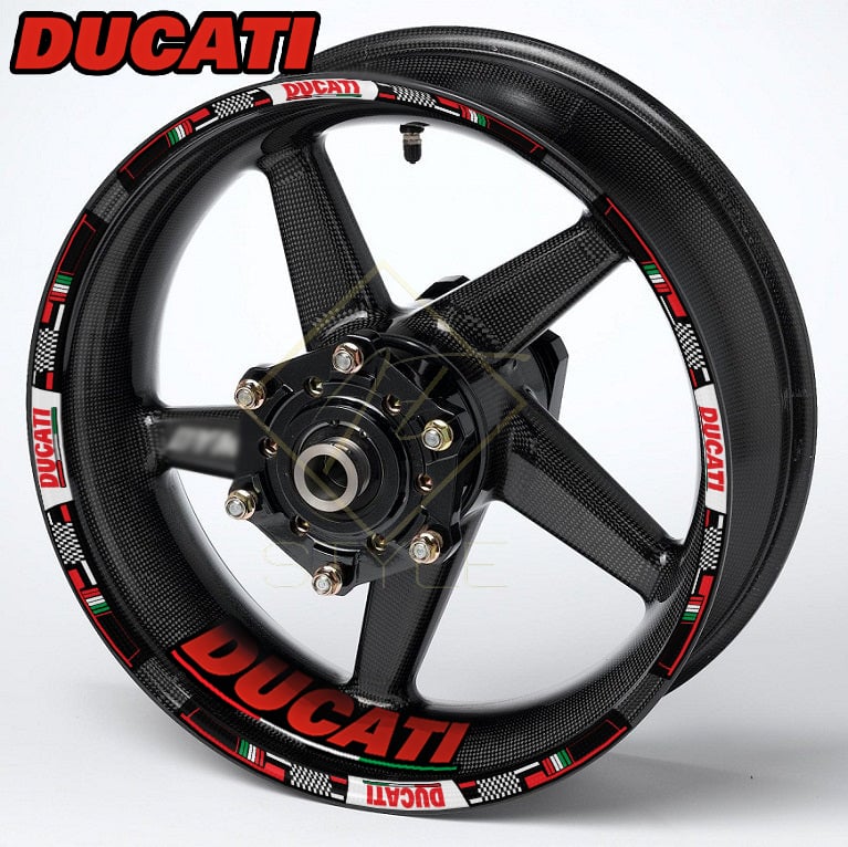 DUCATI Italy Edition wheel decal kit – 20 stickers for Panigale, Diavel, Monster, 10mm stripe thickness, glossy finish, mirrored graphics, performance styling