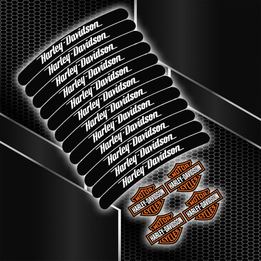 Harley-Davidson Black Rim Stripe wheel decal kit – 16 stickers for 2 wheels, 10mm thickness, 120mm length, glossy finish, mirrored graphics