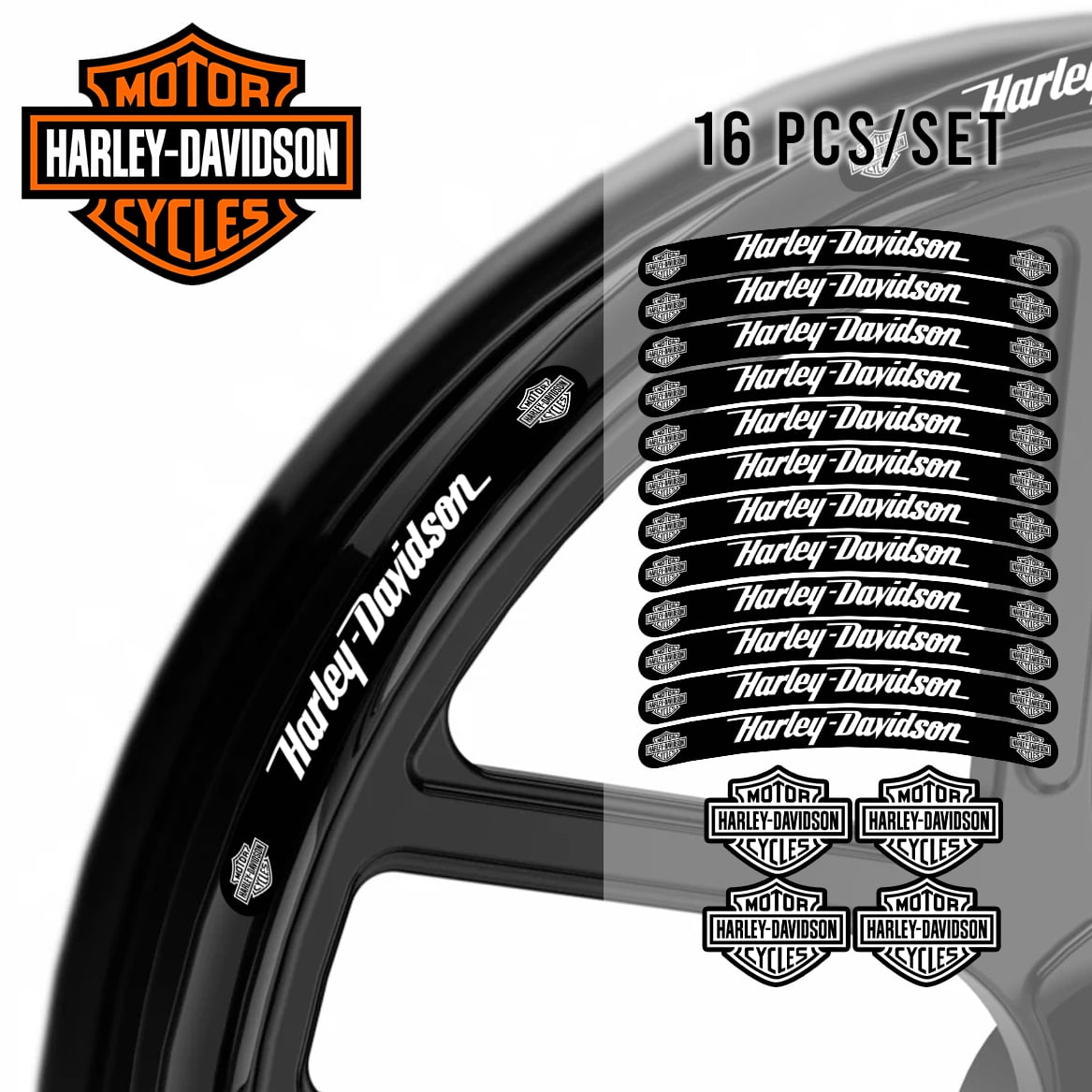 Harley-Davidson V-Rod / Sportster Black Rim Stripe wheel decal kit – 16 stickers for 2 wheels, 10mm thickness, 120mm length, glossy finish, mirrored graphics