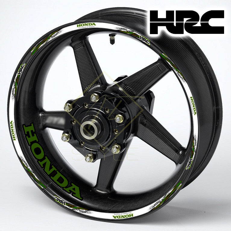 HONDA HRC Fireblade Army Black wheel decal kit – 20 stickers for 2 wheels, 10mm thick, glossy finish, mirrored graphics, designed for black wheels