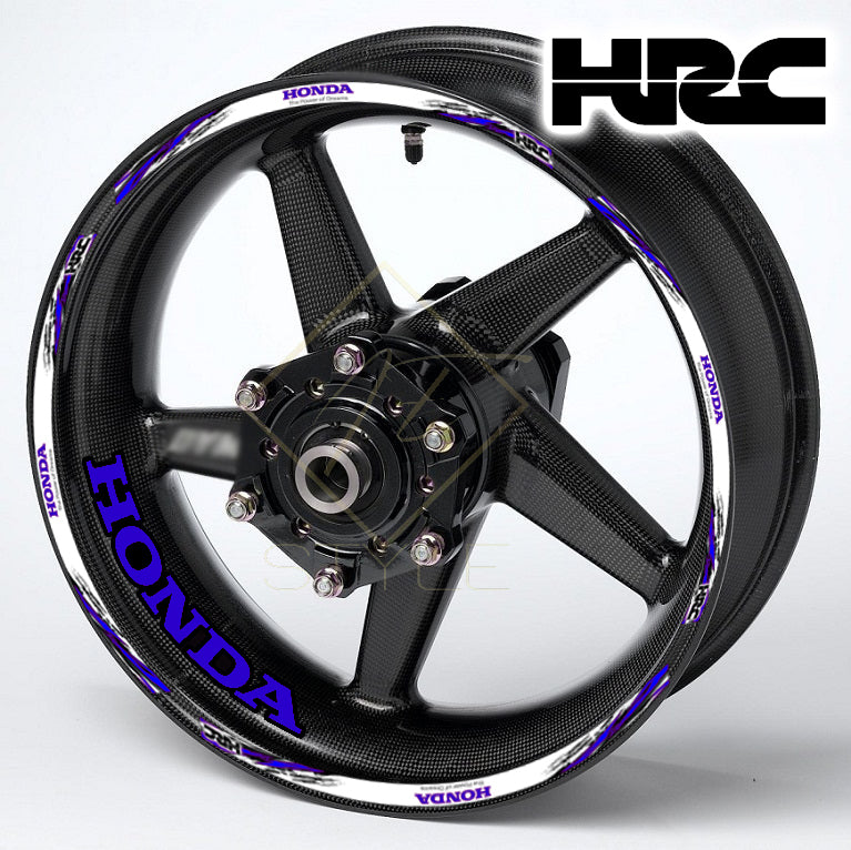 HONDA HRC Fireblade Blue Black wheel decal kit – 20 stickers for 2 wheels, 10mm thick, glossy finish, mirrored graphics, designed for black wheels