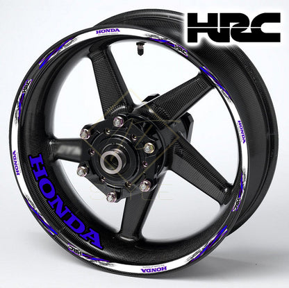HONDA HRC Fireblade Blue Black wheel decal kit – 20 stickers for 2 wheels, 10mm thick, glossy finish, mirrored graphics, designed for black wheels