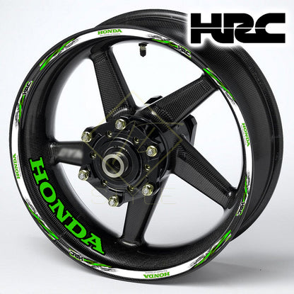 HONDA HRC Fireblade Green Black wheel decal kit – 20 stickers for 2 wheels, 10mm thick, glossy finish, mirrored graphics, designed for black wheels