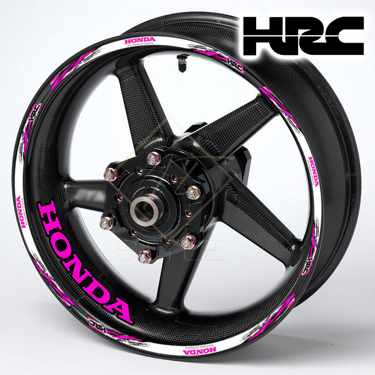 HONDA HRC Fireblade Pink Black wheel decal kit – 20 stickers for 2 wheels, 10mm thick, glossy finish, mirrored graphics, designed for black wheels