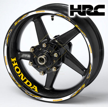 HONDA HRC Fireblade Yellow Black wheel decal kit – 20 stickers for 2 wheels, 10mm thick, glossy finish, mirrored graphics, designed for black wheels
