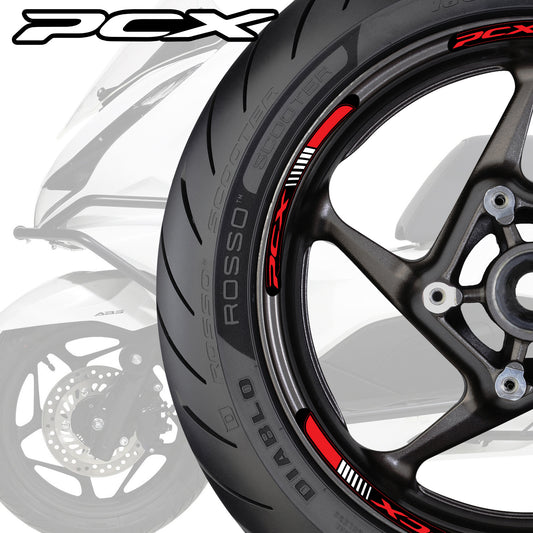 Motorcycle tire with 'PCX' branding on a white background