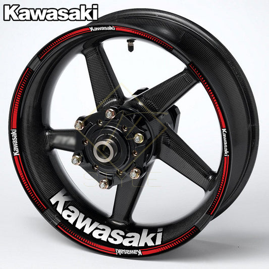 KAWASAKI Ninja Any Colour wheel decal kit – 20 stickers for 2 wheels, 10mm thick, glossy finish, mirrored graphics, black background