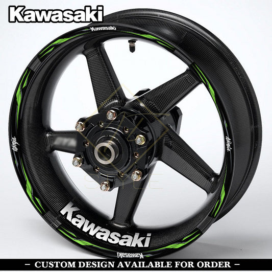 KAWASAKI NINJA Black wheel decal kit – 20 stickers for 2 wheels, 10mm thick, glossy finish, mirrored graphics, black background