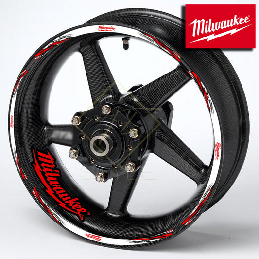 Milwaukee Universal motorcycle wheel decal kit – 20 stickers for 2 wheels, 10mm thick, glossy finish, mirrored graphics, fits Honda, BMW, Yamaha, Kawasaki