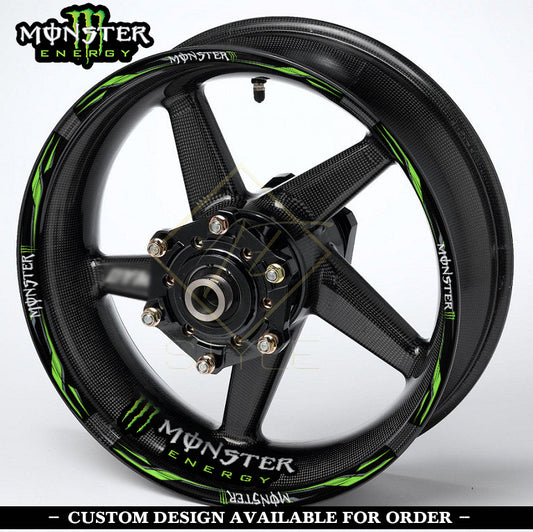 Monster Energy Black wheel decal kit – 20 stickers for 2 wheels, 10mm thick, glossy finish, mirrored graphics, fits Kawasaki, Honda, Yamaha