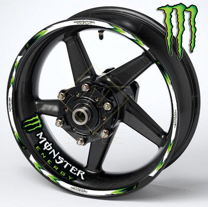 Monster Energy Universal wheel decal kit – 24 stickers for 2 wheels, 10mm thick, glossy finish, mirrored graphics, fits Kawasaki, BMW, Yamaha, all wheel colours
