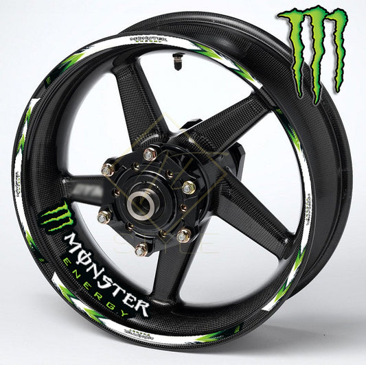 Monster Energy Universal wheel decal kit – 24 stickers for 2 wheels, 10mm thick, glossy finish, mirrored graphics, fits Kawasaki, BMW, Yamaha, all wheel colours