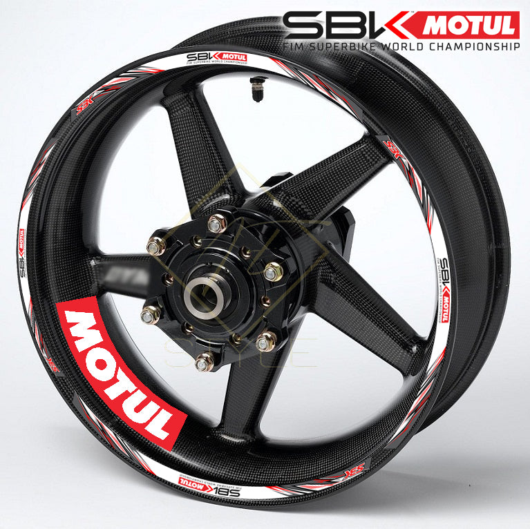 MOTUL SBK Universal wheel decal kit – 20 stickers for 2 wheels, 10mm thick, glossy finish, mirrored graphics, fits Kawasaki, Honda, BMW, Yamaha