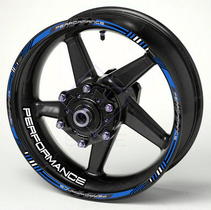 PERFORMANCE motorcycle wheel rim decals – 20pcs universal sticker kit, glossy finish, 10mm stripes, fits Honda, Yamaha, Suzuki, BMW, Triumph, 17" and larger wheels