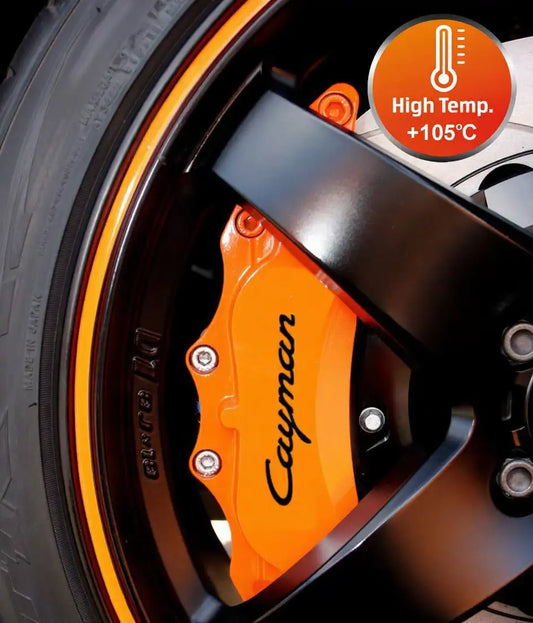 Porsche Cayman brake caliper stickers, red, 6 pcs., attached to the calipers