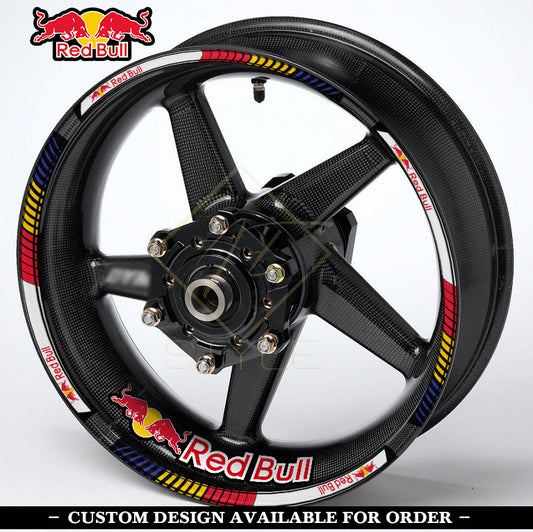 RedBull Universal wheel decal kit – 20 stickers for 2 wheels, 10mm thick, glossy finish, mirrored graphics, fits Honda, Yamaha, Kawasaki, BMW