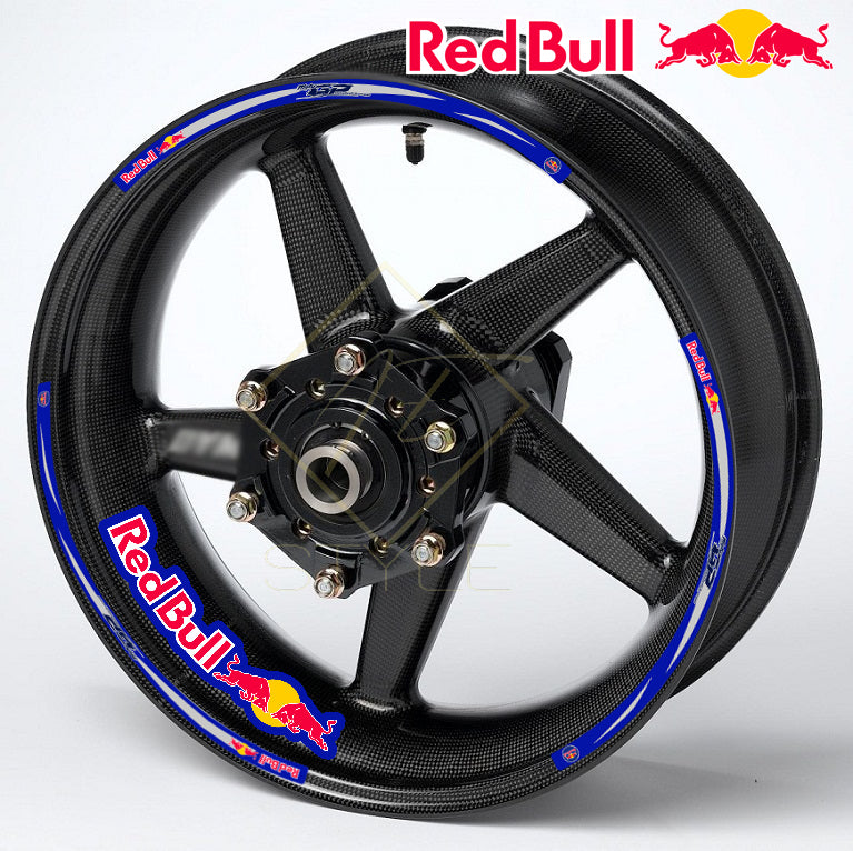 RedBull Universal wheel decal kit – 16 stickers for 2 wheels, 10mm thick, glossy finish, mirrored graphics, fits Yamaha and Kawasaki