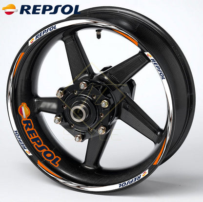 REPSOL motorcycle wheel decals – 20pcs rim sticker kit with glossy finish, 10mm stripes, mirrored graphics, universal fit for Honda, Yamaha, Suzuki, Kawasaki