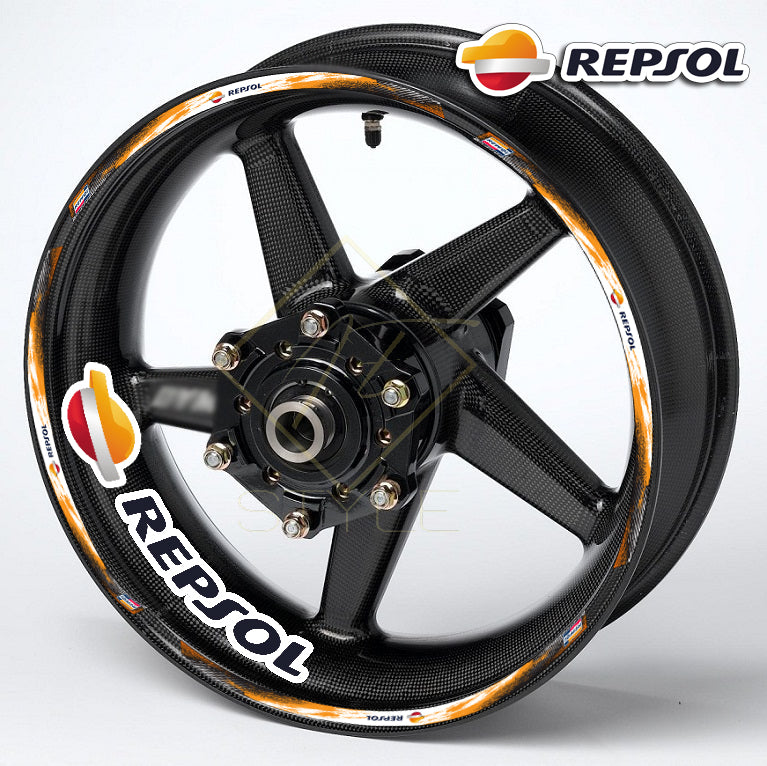 REPSOL motorcycle wheel decals – 20pcs rim sticker kit for black wheels, universal fit, glossy finish, 10mm stripes