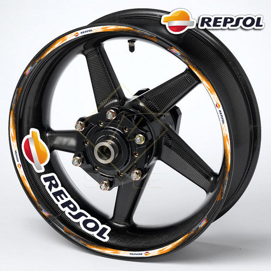 REPSOL motorcycle wheel decals – 20pcs rim sticker kit for black wheels, universal fit, glossy finish, 10mm stripes