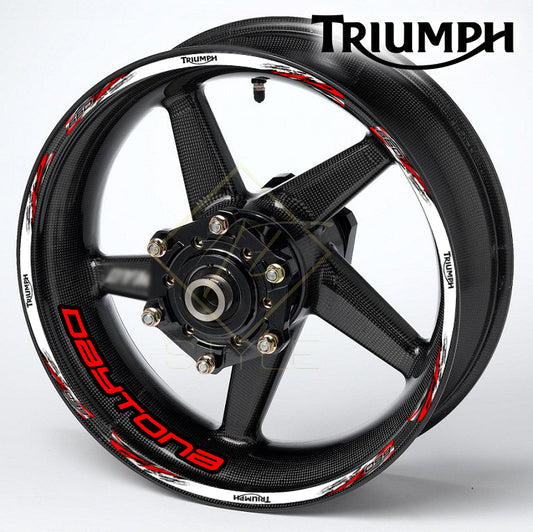 Meta Description: Premium 22-piece Triumph Daytona 660 wheel decal set for front and rear wheels. Edge stripes, inner wheel logo decals, vibrant Eco-Sol MAX inks, glossy finish, mirrored graphics.