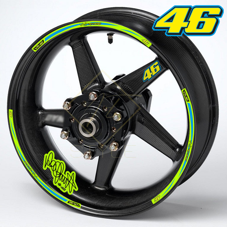 Universal Rossi R17 wheel decal kit – 18 stickers for 2 wheels, 10mm thick, glossy finish, mirrored graphics, fits BMW, Yamaha, Kawasaki 17" black wheels