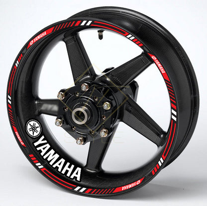 Motorcycle wheel with Yamaha branding on a white background