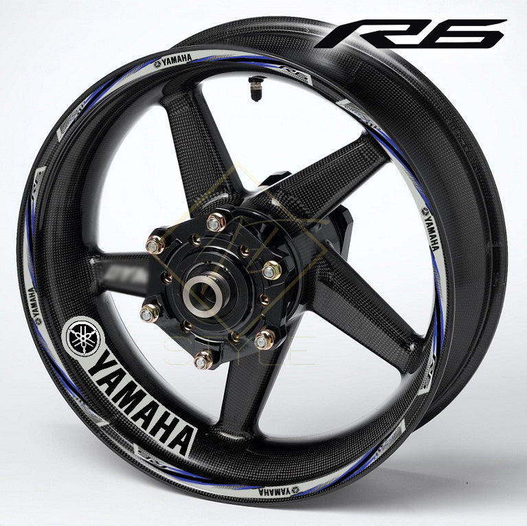 YAMAHA YZF R6 motorcycle wheel decals – 20-piece rim and inner wheel stickers, blue, silver, grey stripes, professional quality, mirrored graphics