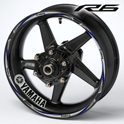 YAMAHA YZF R6 motorcycle wheel decals – 20-piece rim and inner wheel stickers, blue, silver, grey stripes, professional quality, mirrored graphics